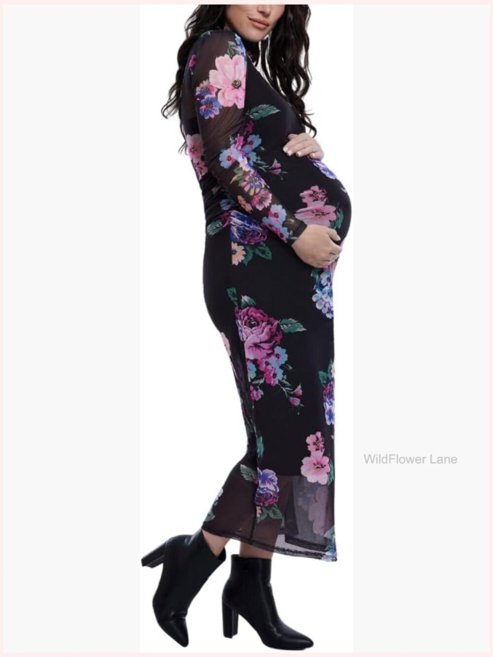 Long Sleeve Mesh Turtleneck Maxi Bodycon Maternity Dress